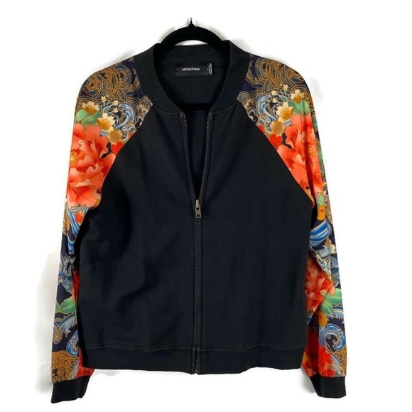 MINKPINK Jackets & Blazers - Women's Black with Asian Print Floral Sleeve ZipUp Bomber Jacket Size S MINKPINK